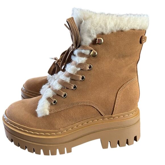 Sam Edelman Kyler Suede Shearling Trim Lace Up Combat Boots Cozy Warm NEW Size 6 - Picture 1 of 10